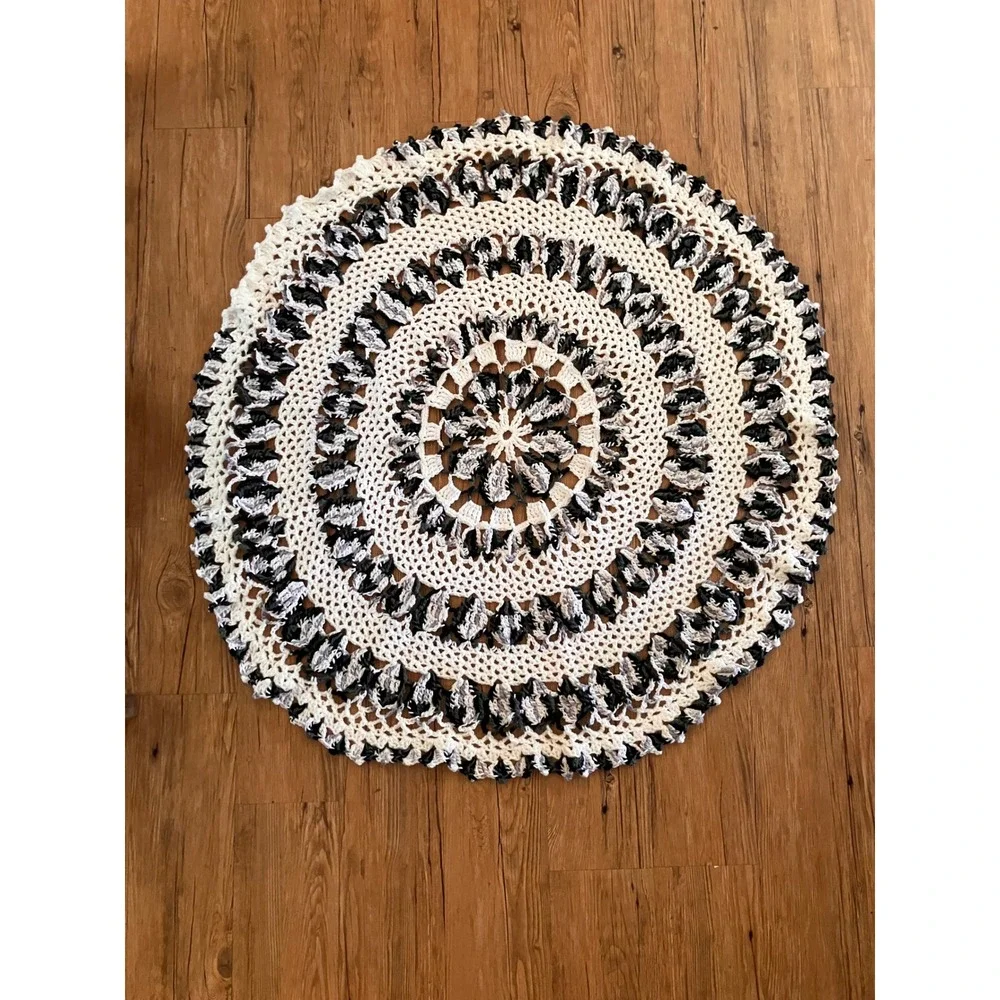 Crochet Mandala Throw Blanket White Black Gray Mandala Round